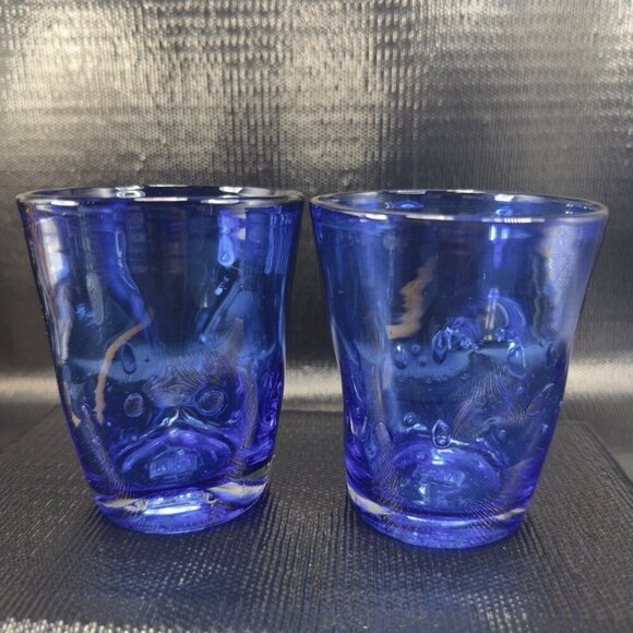 Hudson Grace Henri Tumbler Glasses Controlled Bubbles Pinched Dark Blue Set 2 - Picture 15 of 15